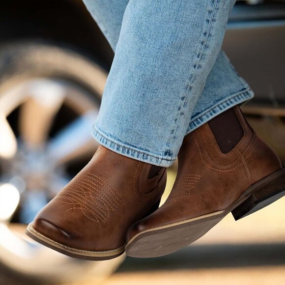 🆕 Men's Brown Faux Leather Square Toe Chelsea Cowboy Boots Retro Casual - Picture 6 of 9